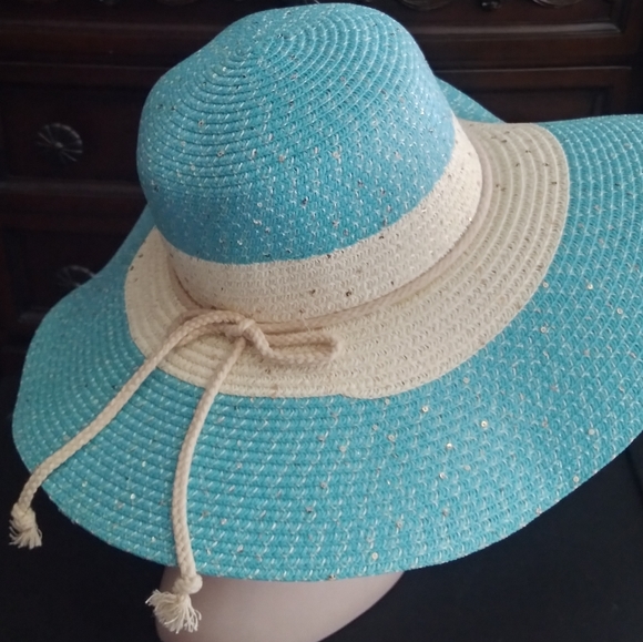 Turquoise Wide Brim Floppy Summer Hat Beach Church Reception Party Brunch NWT - Picture 6 of 9